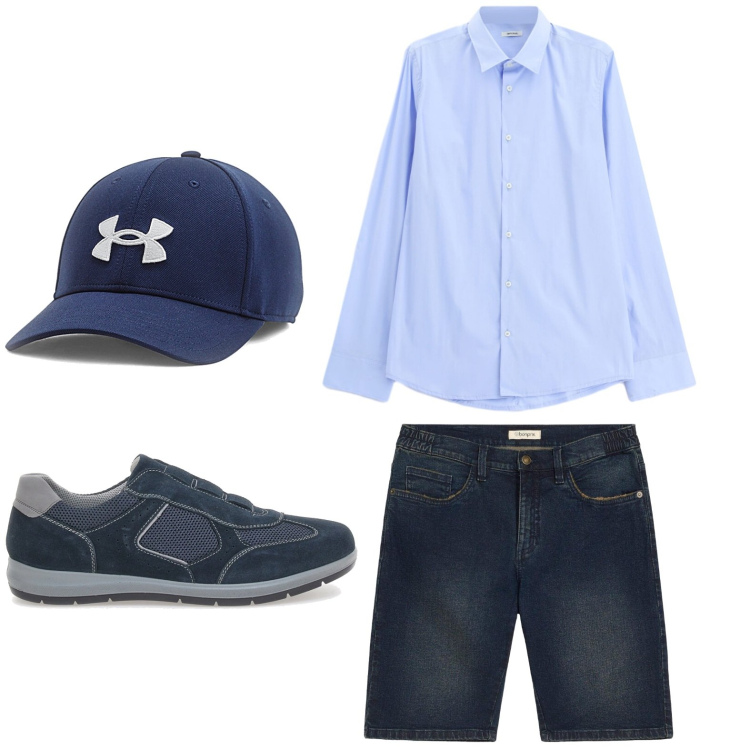 Outfit uomo - Blu navy. Stile Trendy per Tutti i giorni. Abbinamento con bermuda, camicie, cappelli, scarpe stringate.