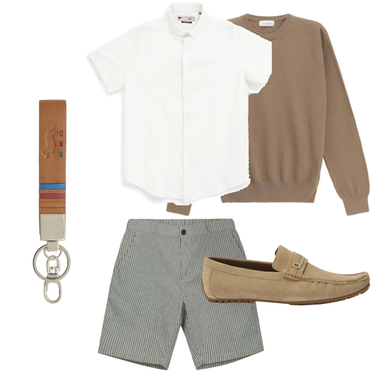 Outfit uomo - Vestirsi leggero. Stile Trendy per Tutti i giorni. Abbinamento con maglieria, scarpe stringate, portachiavi, bermuda, camicie a manica corta.