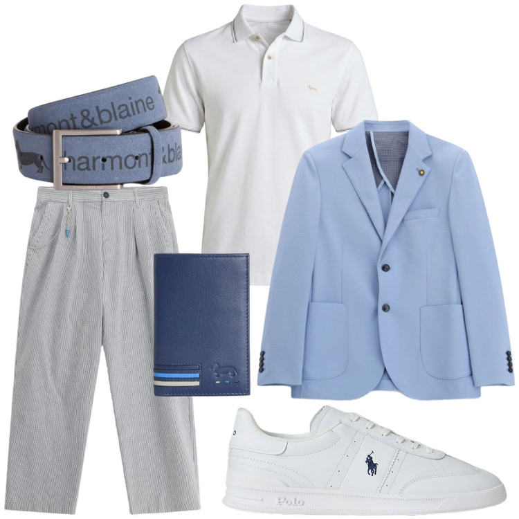 Outfit uomo - Versione ufficio chic. Stile Casual per Ufficio. Abbinamento con pantaloni, giacche, cinture, portafogli, polo, sneakers.