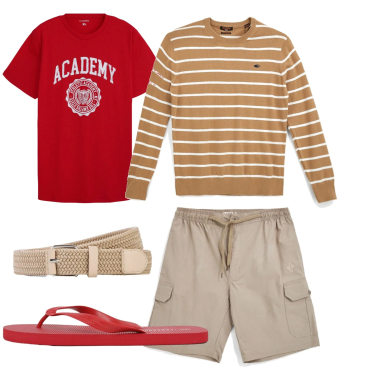 Outfit uomo - Outfit estivo. Stile Casual per Tutti i giorni. Abbinamento con cinture, t-shirt sportive, sandali, pullovers, bermuda.