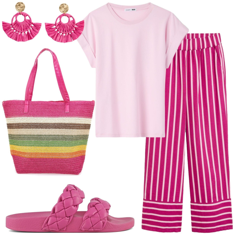 Outfit donna - Sogno d\'Estate Monocromatico. Stile Casual chic per Tutti i giorni. Abbinamento con pantaloni, orecchini, t-shirt, ciabatte, cinture, shopping bag.