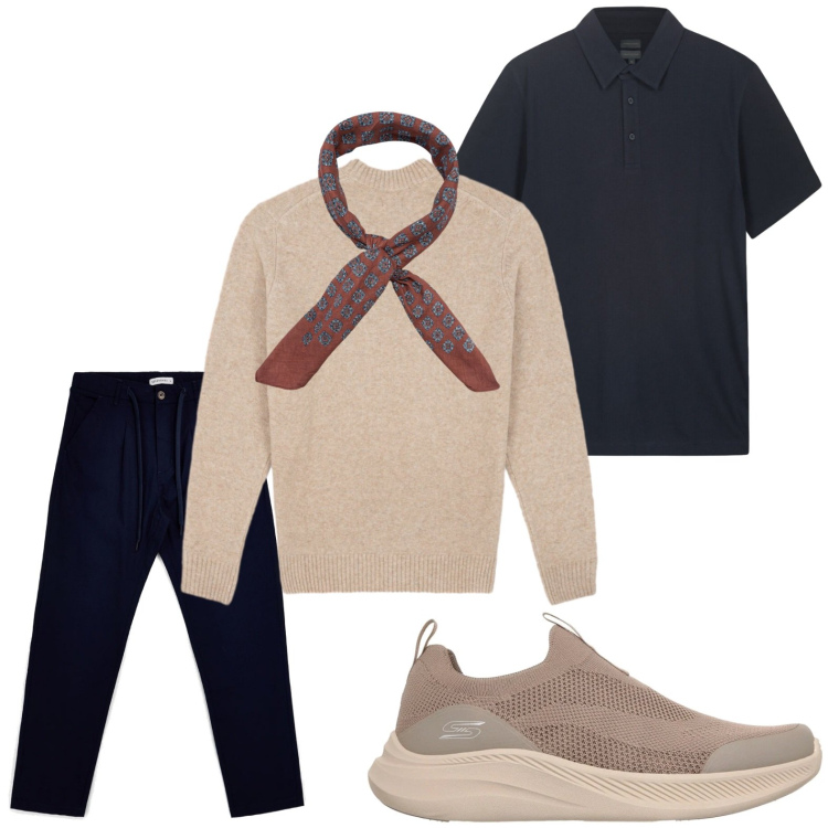 Outfit uomo - Giornate fresche. Stile Casual per Tutti i giorni. Abbinamento con maglieria, polo, sciarpe e foulard, sneakers, pantaloni.