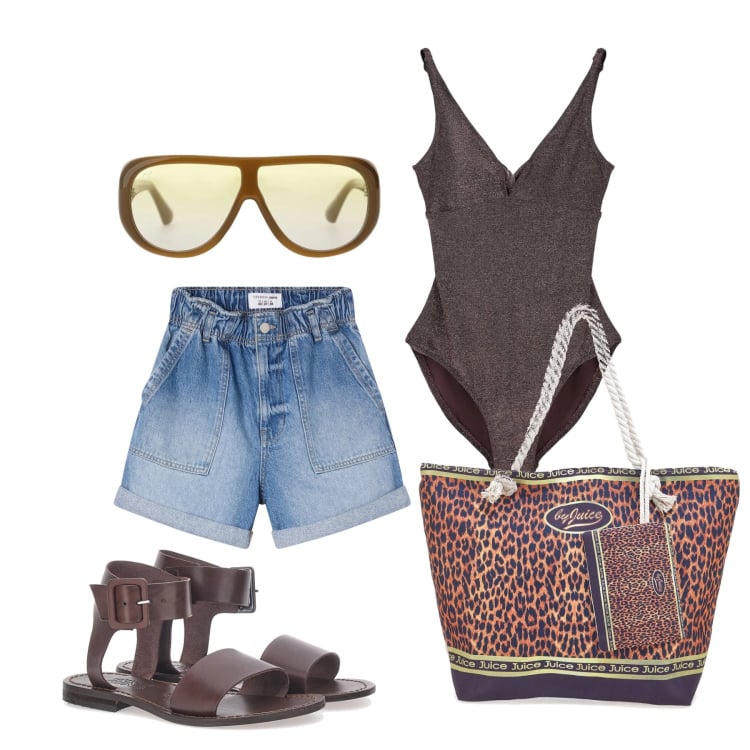 Outfit donna - Giugno. Stile Basic per Mare. Abbinamento con costumi interi, shorts, occhiali da sole, sandali, shopping bag.