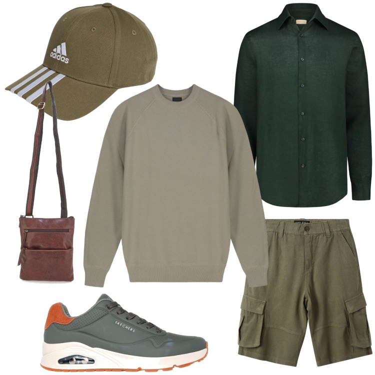 Outfit uomo - Trendy in città. Stile Trendy per Tutti i giorni. Abbinamento con bermuda, maglieria, camicie, cappelli con visiera, portafogli, sneakers.