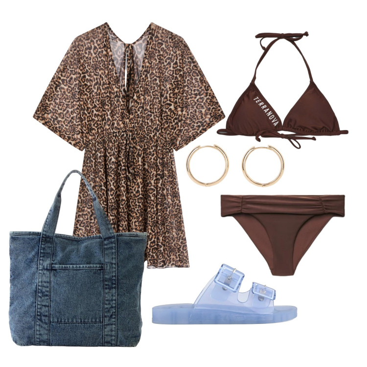 Outfit donna - Giugno. Stile Trendy per Tutti i giorni. Abbinamento con shopping bag, orecchini, vestiti da spiaggia, bikini, bikini, sandali.
