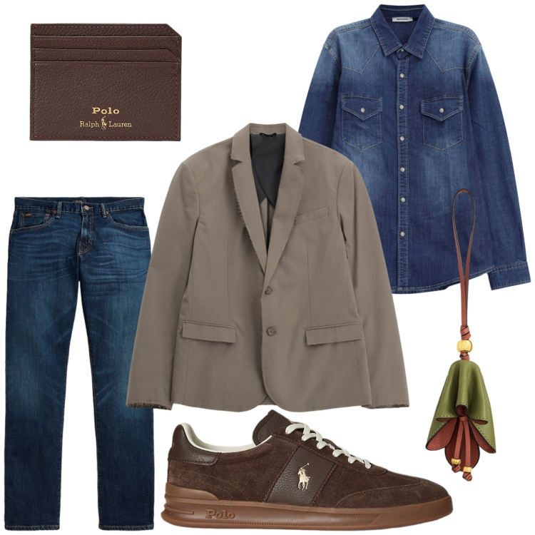 Outfit uomo - Smart-casual. Stile Casual per Ufficio. Abbinamento con giacche, camicie, portafogli, jeans dritti, sneakers, ciondoli.