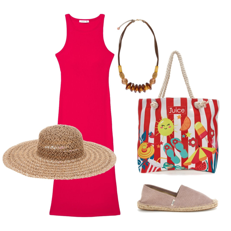 Outfit donna - Giugno. Stile Basic per Tutti i giorni. Abbinamento con vestiti midi/longuette, collane, shopping bag, cappelli, espadrillas.