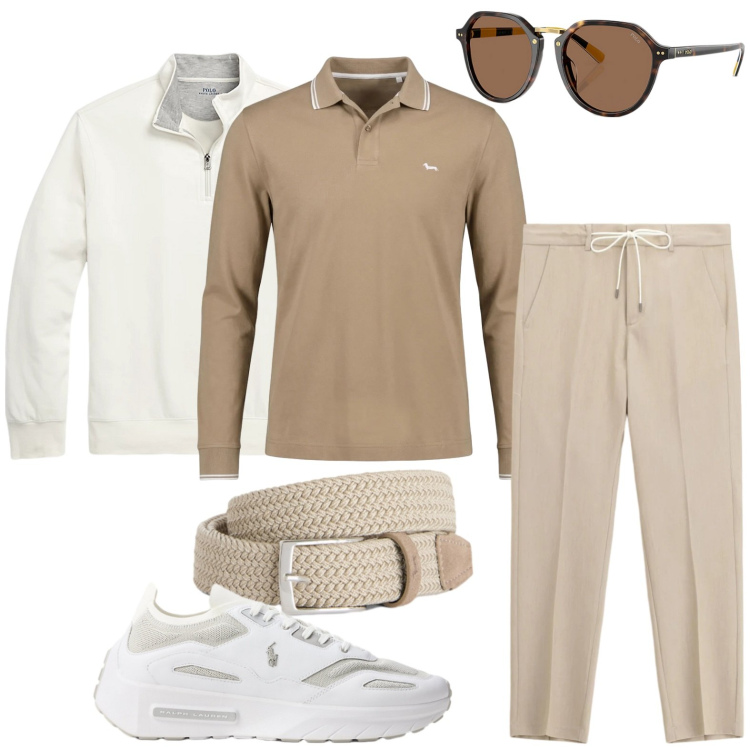 Outfit uomo - Colori soft. Stile Casual per Ufficio. Abbinamento con pantaloni, cinture, polo, pullovers, sneakers, occhiali da sole.