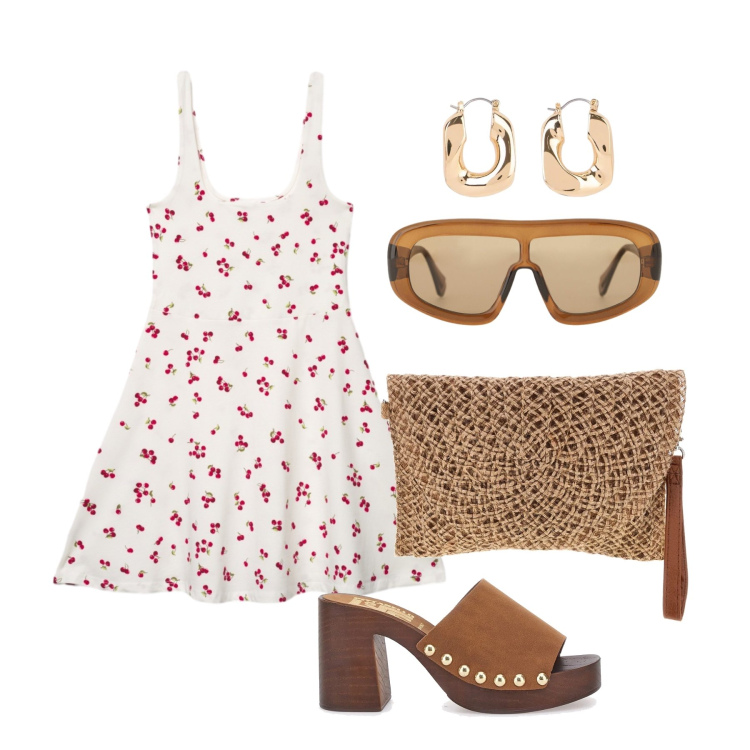 Outfit donna - Giugno. Stile Romantica per Tutti i giorni. Abbinamento con orecchini, vestiti corti, occhiali da sole, zoccoli, borse a tracolla.