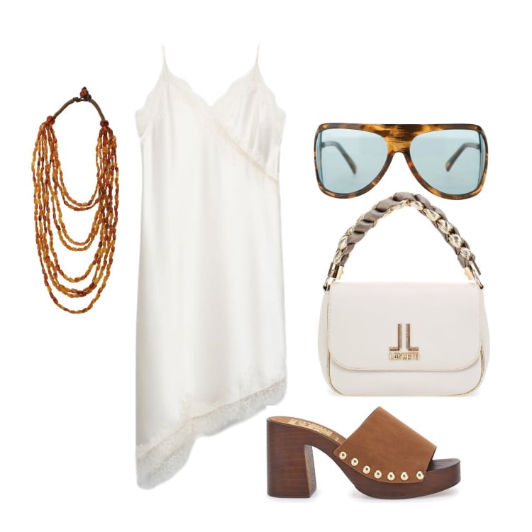 Outfit donna - Giugno. Stile Glamour per Tutti i giorni. Abbinamento con vestiti asimmetrici, occhiali da sole, collane, borse a tracolla, zoccoli.