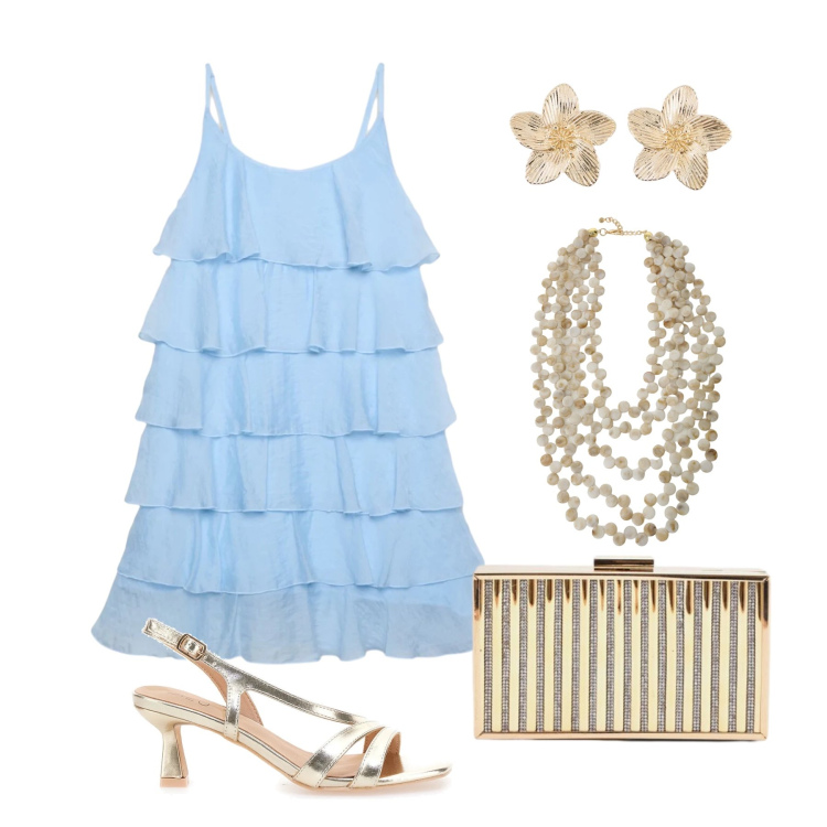 Outfit donna - Giugno. Stile Glamour per Cerimonia. Abbinamento con orecchini, vestiti corti, clutch, collane, sandali in pelle.