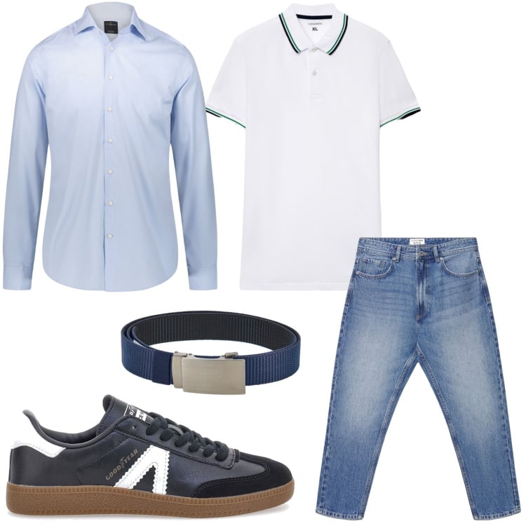 Outfit uomo - Stile disinvolto. Stile Trendy per Tutti i giorni. Abbinamento con jeans, polo, camicie, sneakers, cinture.