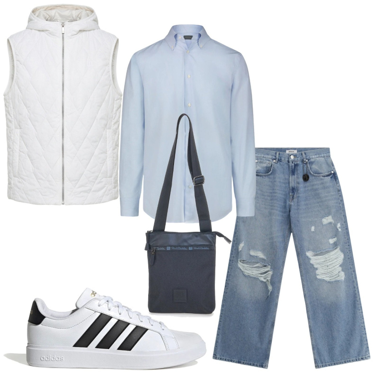 Outfit uomo - Occasione informale. Stile Casual per Tutti i giorni. Abbinamento con jeans strappati, piumini, camicie, portafogli, sneakers.