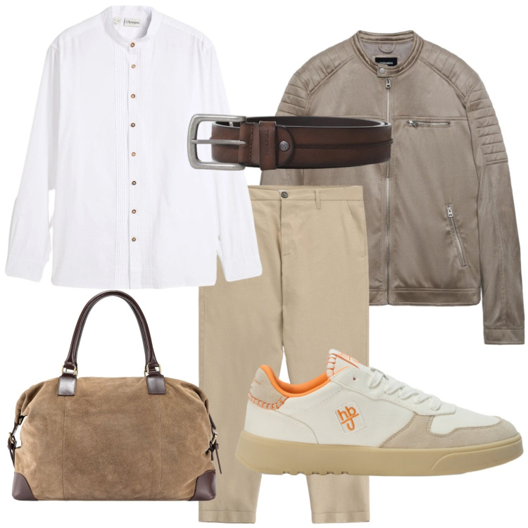 Outfit uomo - Tonalità soffuse. Stile Trendy per Ufficio. Abbinamento con camicie, giacche, cinture, pantaloni, sneakers, borse sportive.