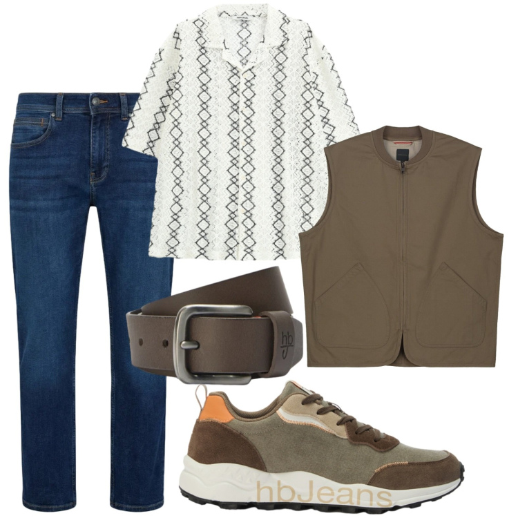 Outfit uomo - Camicia stile vintage. Stile Trendy per Tutti i giorni. Abbinamento con camicie a manica corta, jeans dritti, sneakers, cinture, gilet.