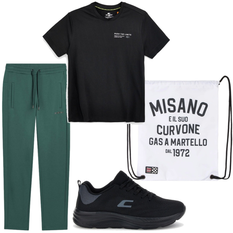 Outfit uomo - Guardaroba sportivo. Stile Trendy per Tutti i giorni. Abbinamento con borse sportive, pantaloni, t-shirt sportive, sneakers.