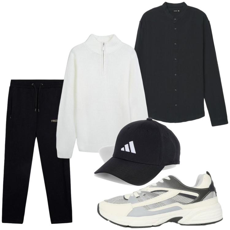 Outfit uomo - Look essenziale. Stile Trendy per Tutti i giorni. Abbinamento con maglieria, sneakers, camicie, pantaloni, cappelli con visiera.
