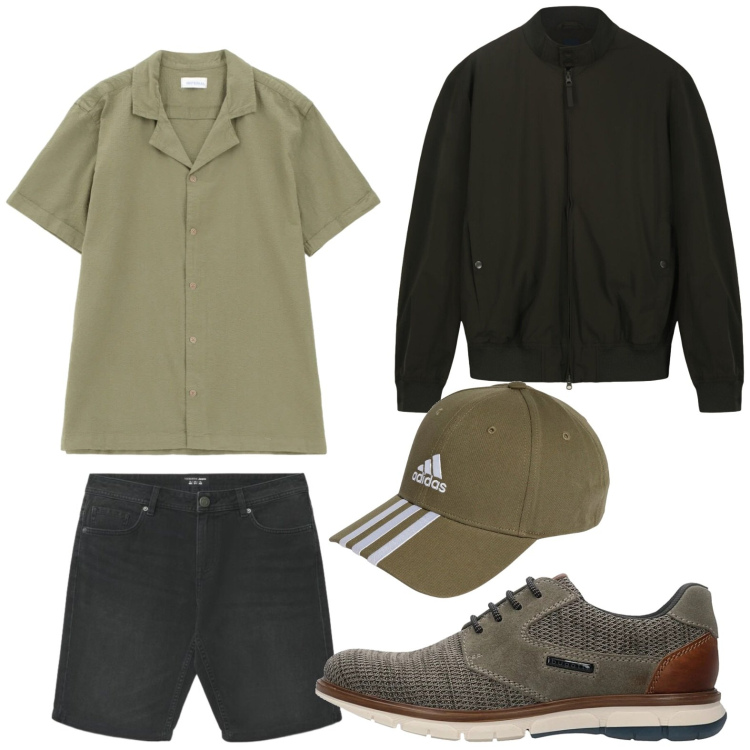 Outfit uomo - Coordinato q.b.. Stile Trendy per Tutti i giorni. Abbinamento con pantaloni corti, camicie a manica corta, bomber, cappelli con visiera, sneakers.