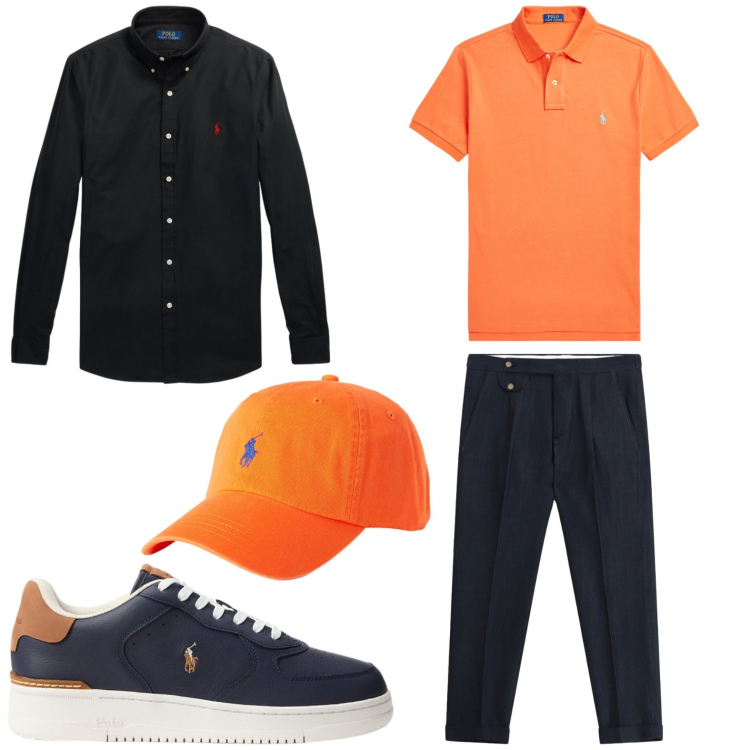 Outfit uomo - Touch orange. Stile Casual per Tutti i giorni. Abbinamento con pantaloni, polo, sneakers, camicie, cappelli con visiera.