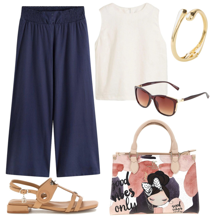 Outfit donna - La leggerezza del lino. Stile Casual chic per Tutti i giorni. Abbinamento con canottiere, braccialetti, occhiali da sole, pantaloni, borse a mano, sandali col tacco.