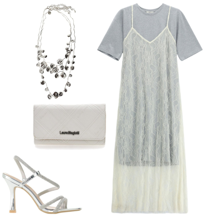 Outfit donna - Less Straps. Stile Casual chic per Serata fuori. Abbinamento con sandali col tacco, collane, vestiti lunghi, portafogli.