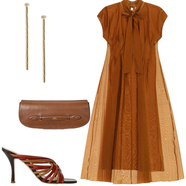 Outfit donna - Less Straps. Stile Chic per Serata fuori. Abbinamento con vestiti lunghi, sandali, clutch, orecchini.