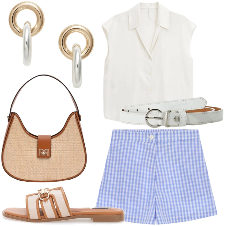 Outfit donna - Stile retró. Stile Vintage retrò per Tutti i giorni. Abbinamento con borse a spalla, shorts, camicie, cinture, orecchini, ciabatte.