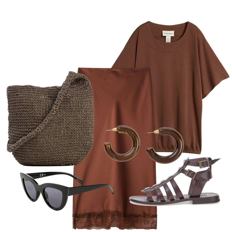 Outfit donna - Total look #2414821. Stile Casual per Serata fuori. Abbinamento con shopping bag, occhiali da sole, t-shirt, orecchini, gonne longuette, sandali alla schiava.