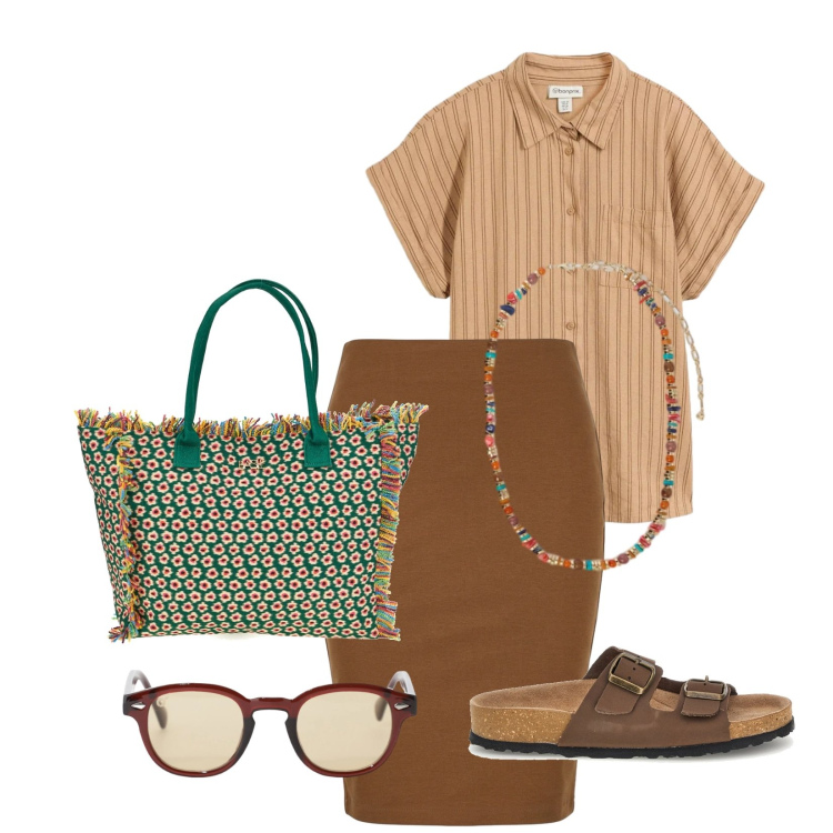 Outfit donna - Total look #2414822. Stile Casual per Tutti i giorni. Abbinamento con camicie a manica corta, gonne longuette, occhiali da sole, collane, shopping bag, ciabatte.