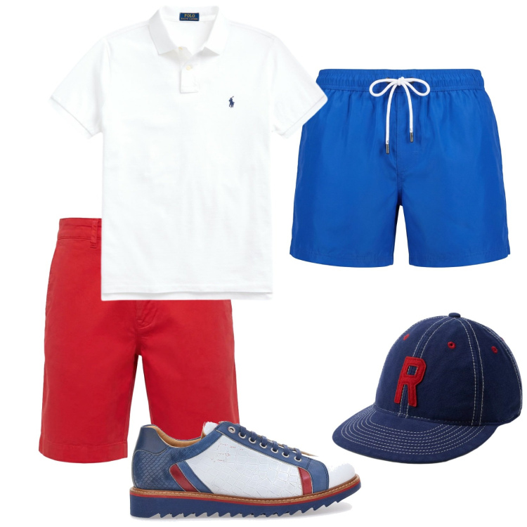 Outfit uomo - Con tuffo in piscina. Stile Trendy per Tutti i giorni. Abbinamento con bermuda, costumi, cappelli con visiera, polo, scarpe stringate.