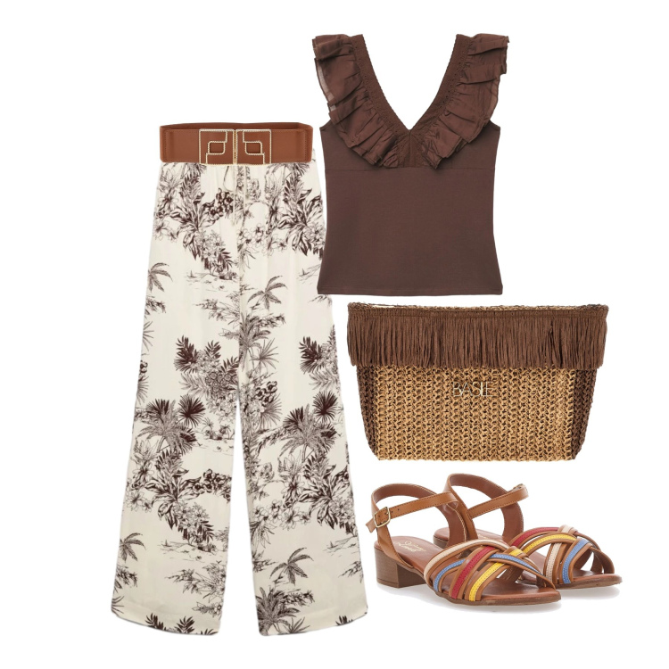 Outfit donna - Giugno. Stile Casual chic per Tutti i giorni. Abbinamento con top, pantaloni, pochette, sandali col tacco, cinture.