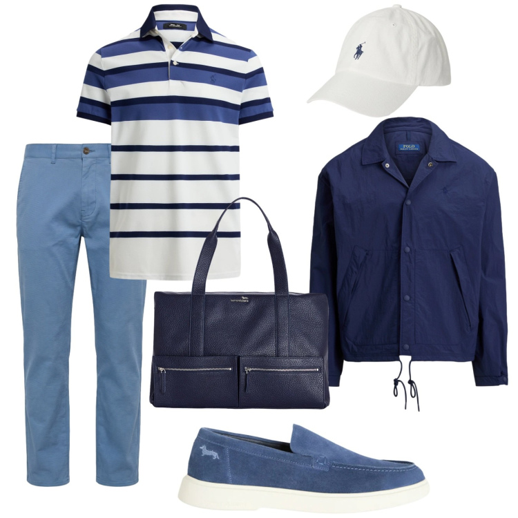 Outfit uomo - Ho prenotato. Stile Casual per Tutti i giorni. Abbinamento con borse sportive, pantaloni, scarpe stringate, giacche sportive, polo, cappelli con visiera.