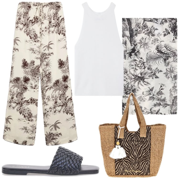 Outfit donna - Black & White jungle. Stile Casual chic per Tutti i giorni. Abbinamento con top, pantaloni, foulard, ciabatte, borse a spalla.