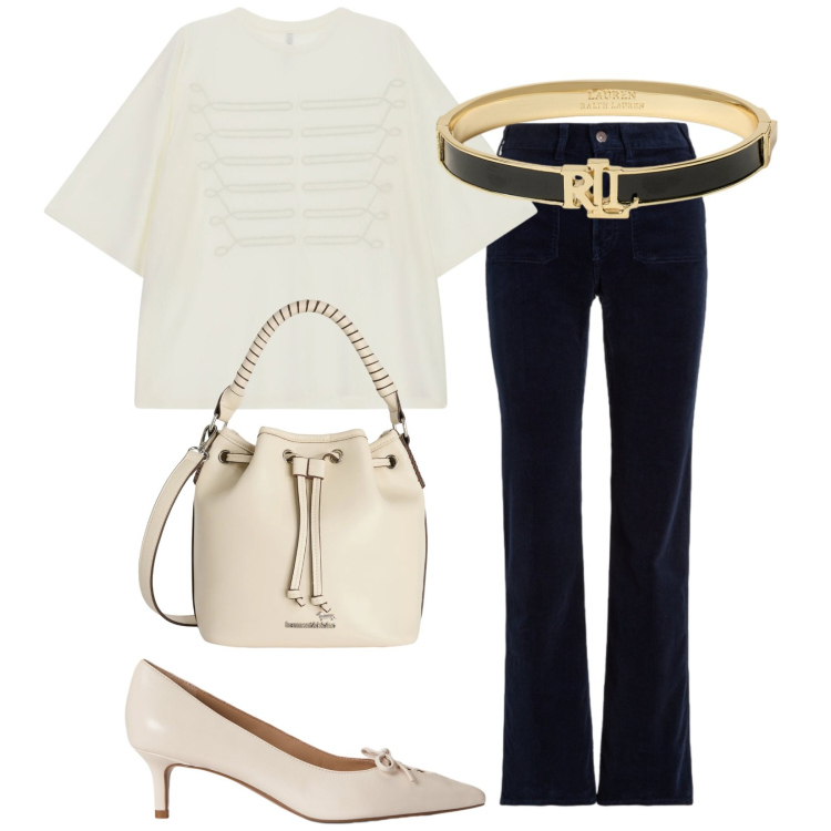 Outfit donna - Summer office. Stile Bon Ton per Ufficio. Abbinamento con t-shirt, borse a secchiello, braccialetti, pantaloni, décolleté.