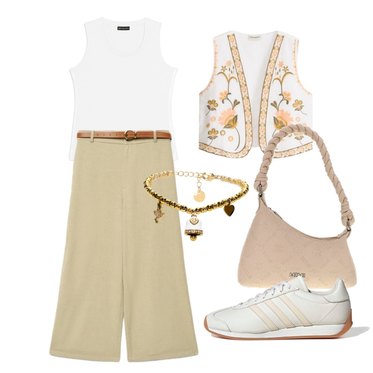 Outfit donna - Giugno. Stile Glamour per Tutti i giorni. Abbinamento con gilet, pantaloni a palazzo, canottiere, braccialetti, sneakers, borse a spalla.