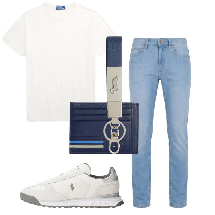 Outfit uomo - Basic Summer. Stile Casual per Tutti i giorni. Abbinamento con portachiavi, portafogli, jeans, sneakers, t-shirt.