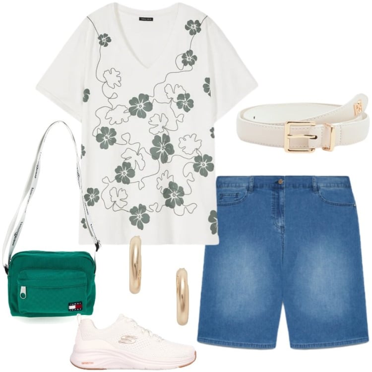 Outfit donna - Total look #2414832. Stile Casual chic per Tutti i giorni. Abbinamento con cinture, t-shirt, bermuda, orecchini, sneakers, borse a tracolla.