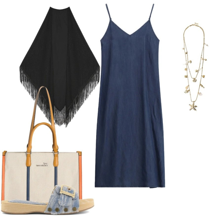 Outfit donna - Total look #2414833. Stile Casual chic per Tutti i giorni. Abbinamento con collane, borse tote, vestiti midi/longuette, foulard, ciabatte.
