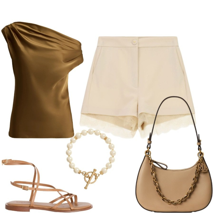 Outfit donna - Total look #2414835. Stile Glamour per Tutti i giorni. Abbinamento con shorts, sandali in pelle, top, collane, borse a spalla.