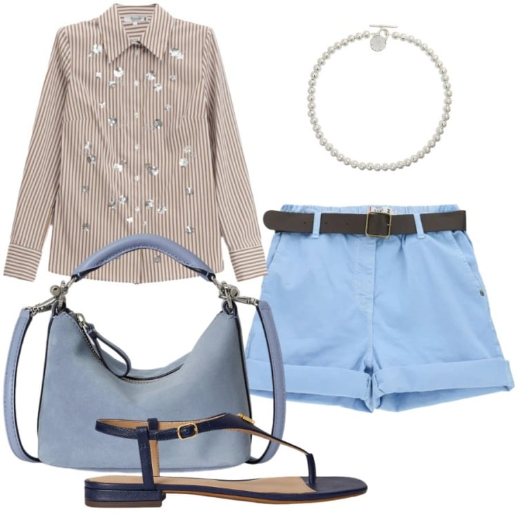 Outfit donna - Total look #2414836. Stile Glamour per Tutti i giorni. Abbinamento con camicie, shorts, collane, sandali in pelle, borse a spalla.