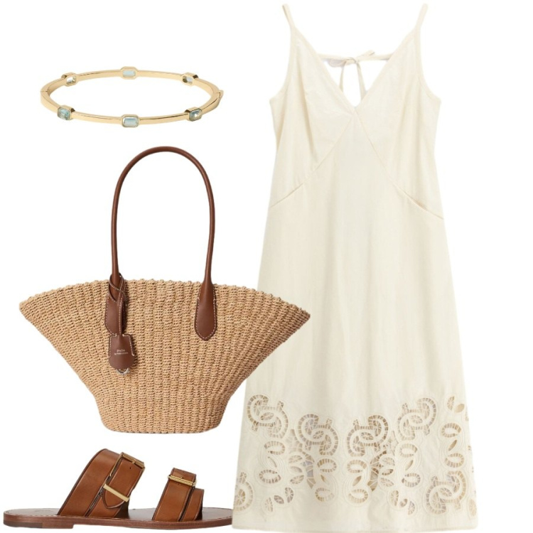 Outfit donna - Total look #2414837. Stile Casual chic per Tutti i giorni. Abbinamento con vestiti midi/longuette, borse tote, sandali in pelle, braccialetti.