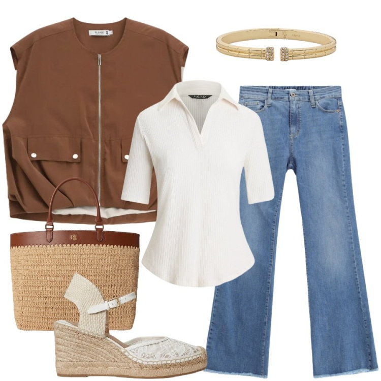 Outfit donna - Total look #2414838. Stile Casual chic per Tutti i giorni. Abbinamento con jeans, gilet, polo, espadrillas, braccialetti, borse tote.