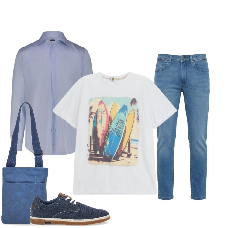Outfit uomo - Total look #2414841. Stile Casual per Tutti i giorni. Abbinamento con t-shirt, jeans slim fit, camicie, portafogli, scarpe stringate.