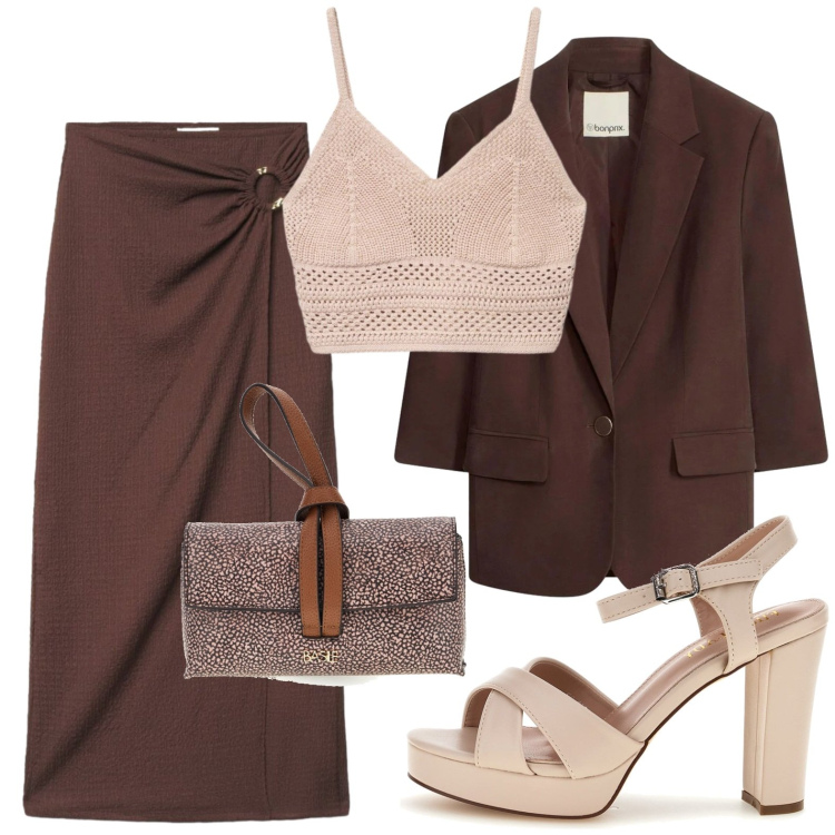 Outfit donna - Marrone con brio. Stile Casual chic per Tutti i giorni. Abbinamento con blazer, top, gonne lunghe, sandali col tacco, borse a tracolla.