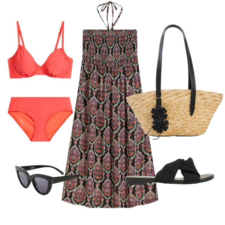 Outfit donna - Voglia di mare. Stile Etnico per Mare. Abbinamento con vestiti da spiaggia, bikini, sandali, shopping bag, occhiali da sole.