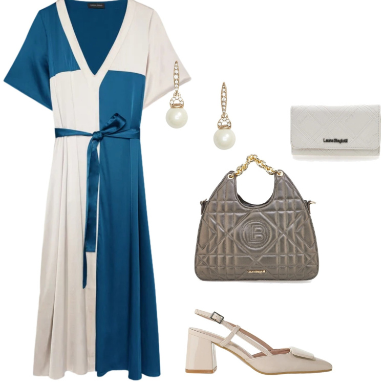 Outfit donna - Invito in villa. Stile Bon Ton per Tutti i giorni. Abbinamento con décolleté, vestiti midi/longuette, orecchini, portafogli, borse a mano.