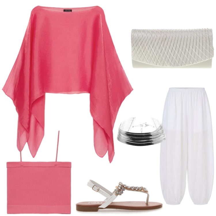 Outfit donna - Una serata io e te. Stile Glamour per Serata fuori. Abbinamento con pantaloni, top, braccialetti, blazer, sandali, pochette.