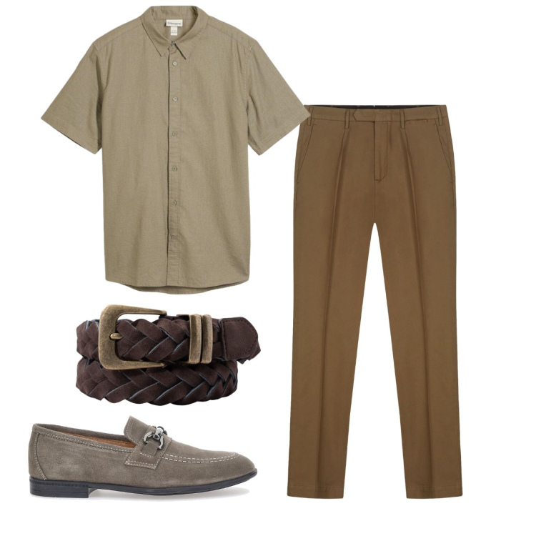 Outfit uomo - Toni nocciola. Stile Casual per Tutti i giorni. Abbinamento con camicie a manica corta, pantaloni, cinture, scarpe stringate.