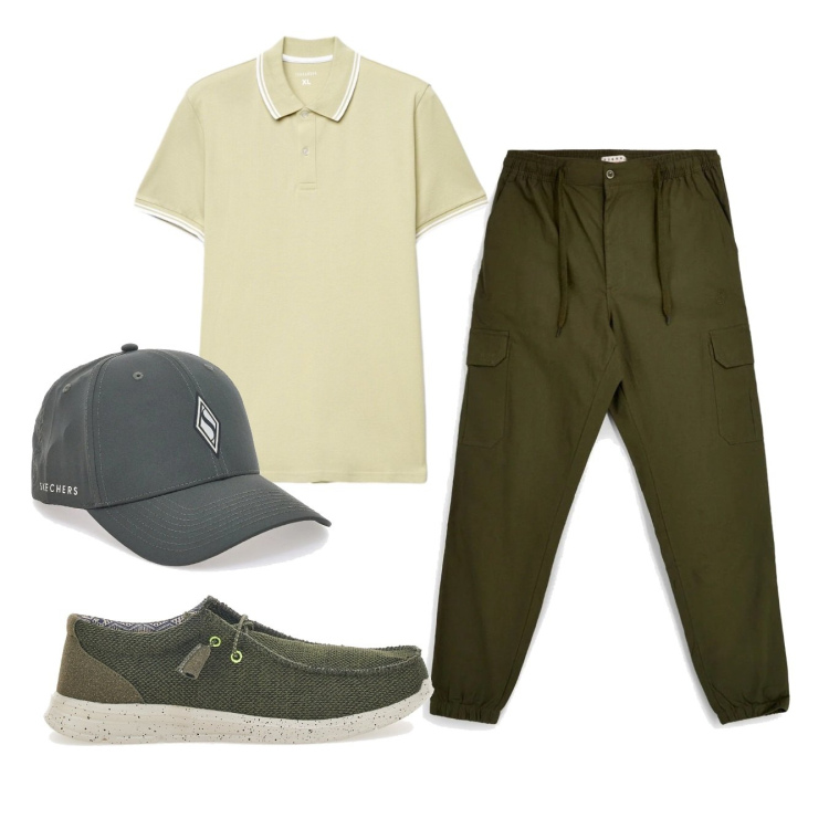 Outfit uomo - Cargo summer. Stile Casual per Tutti i giorni. Abbinamento con polo, scarpe stringate, pantaloni cargo, cappelli con visiera.