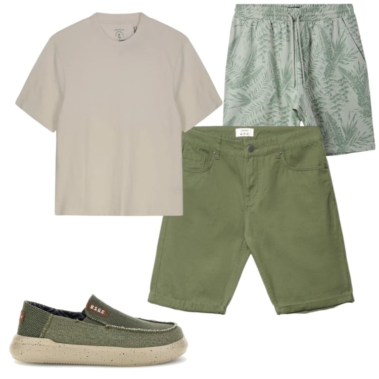 Outfit uomo - Weekend. Stile Casual per Tutti i giorni. Abbinamento con costumi, bermuda, t-shirt, scarpe stringate.